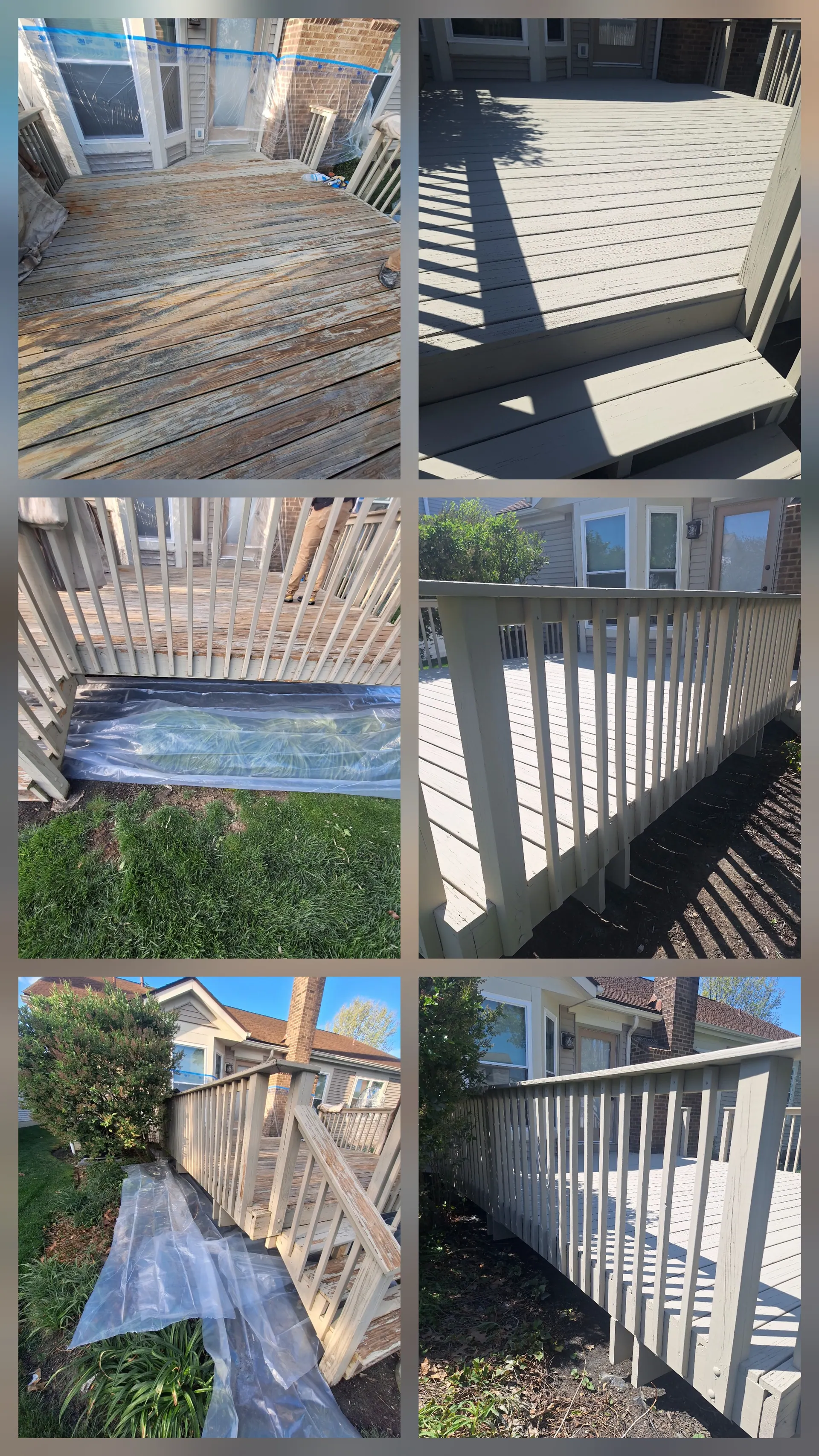 Backyard deck and railing repaint collage — weathered wood prepped and finished with fresh white coat