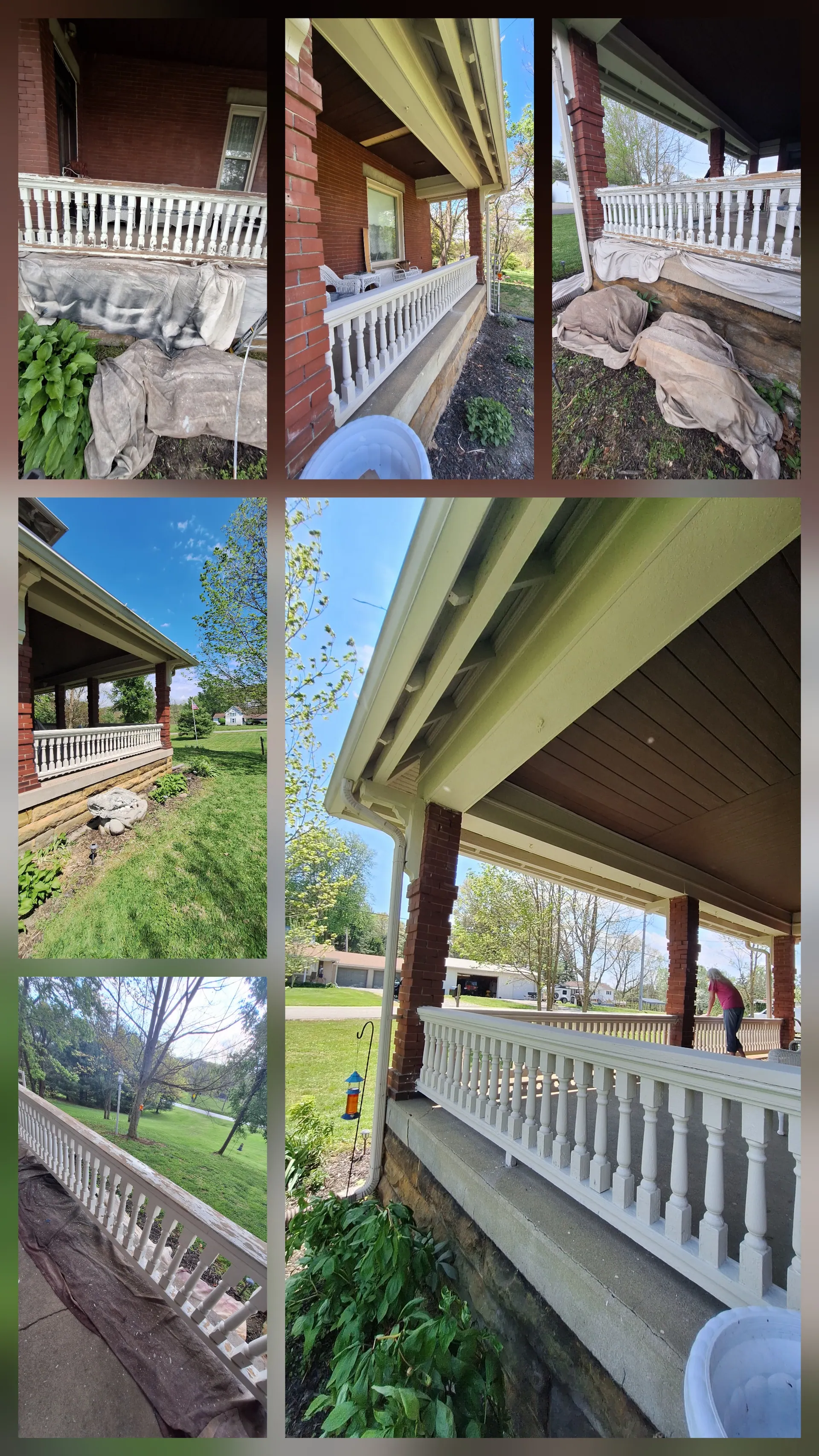 Historic front porch repaint collage — turned column balusters and brick porch prepped and painted white