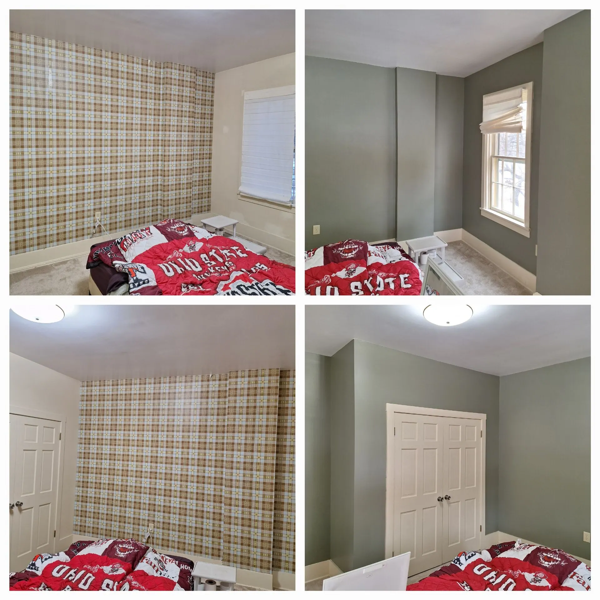 Before and after of a bedroom with plaid wallpaper replaced by sage green paint