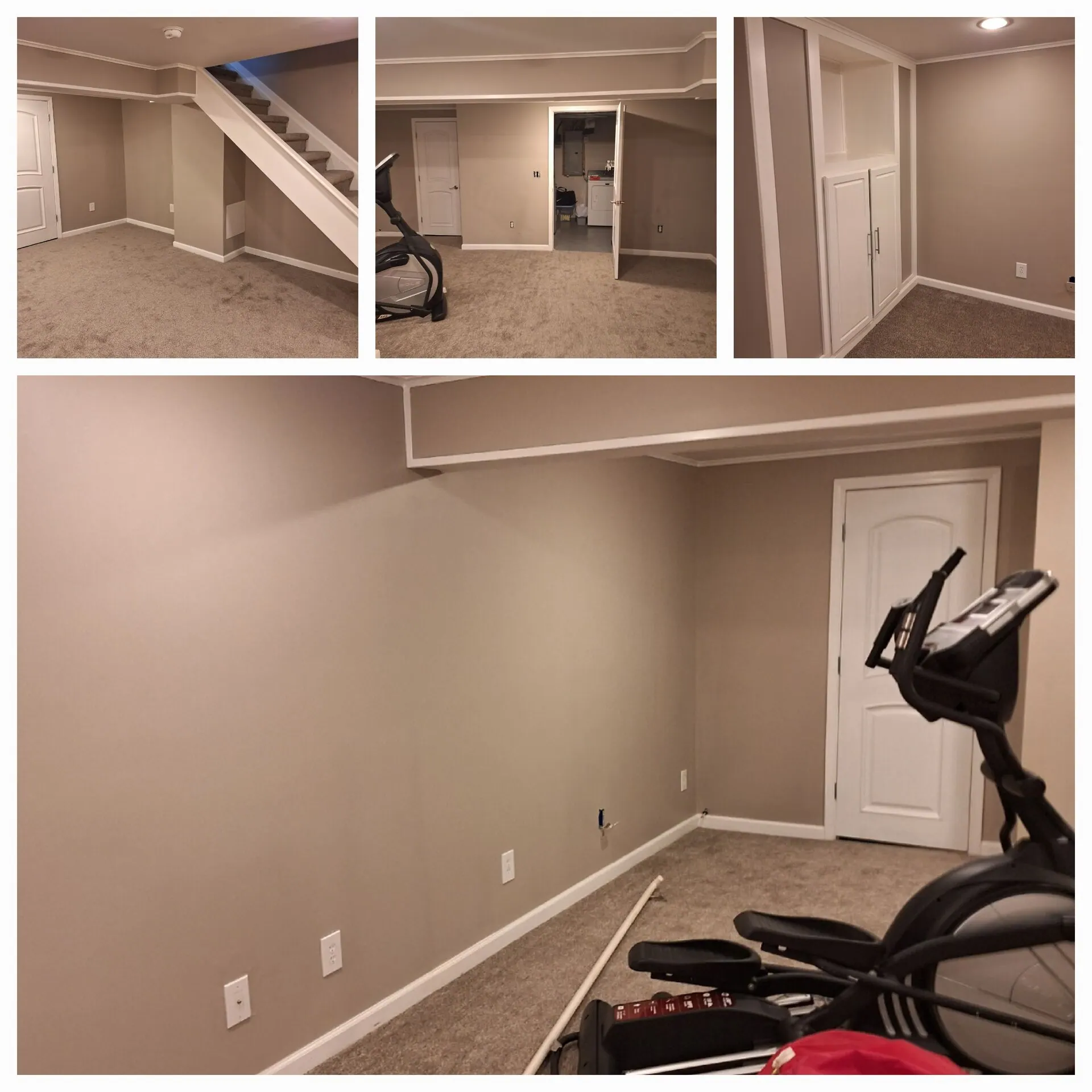 Finished basement repaint collage with warm greige walls