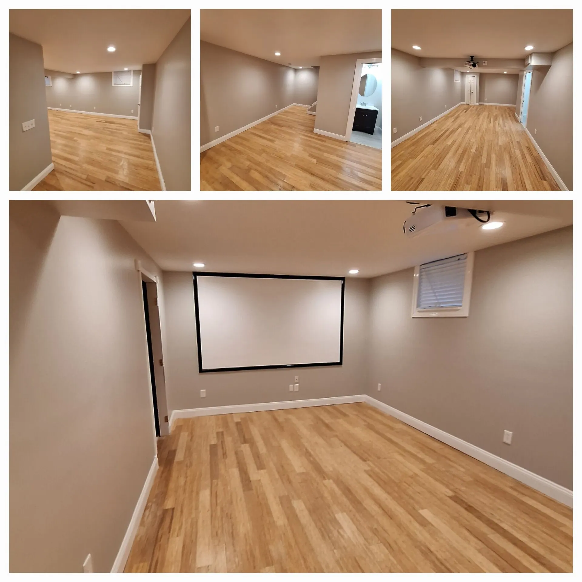 Basement theater room repaint collage with fresh greige walls
