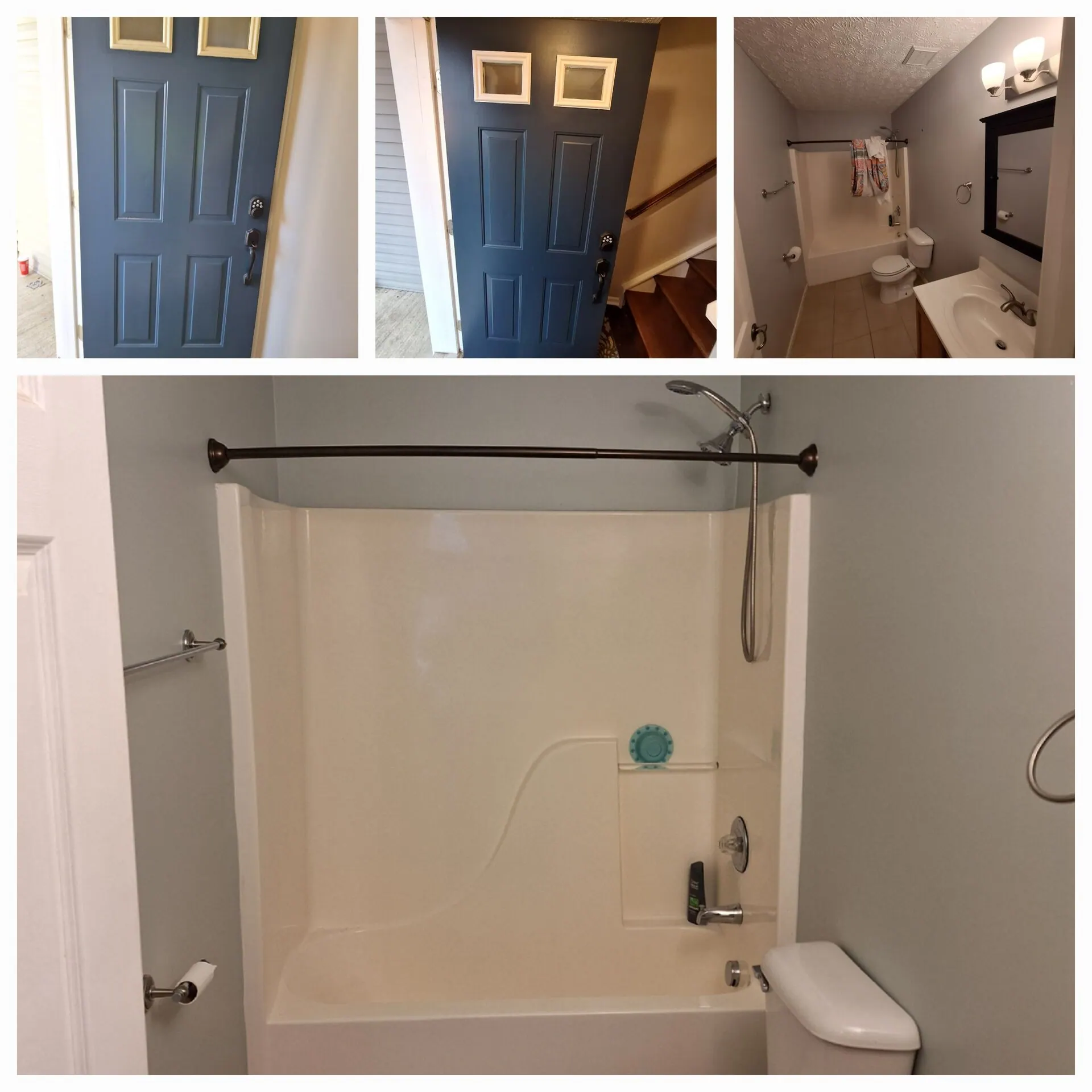 Bathroom and navy blue door repaint collage