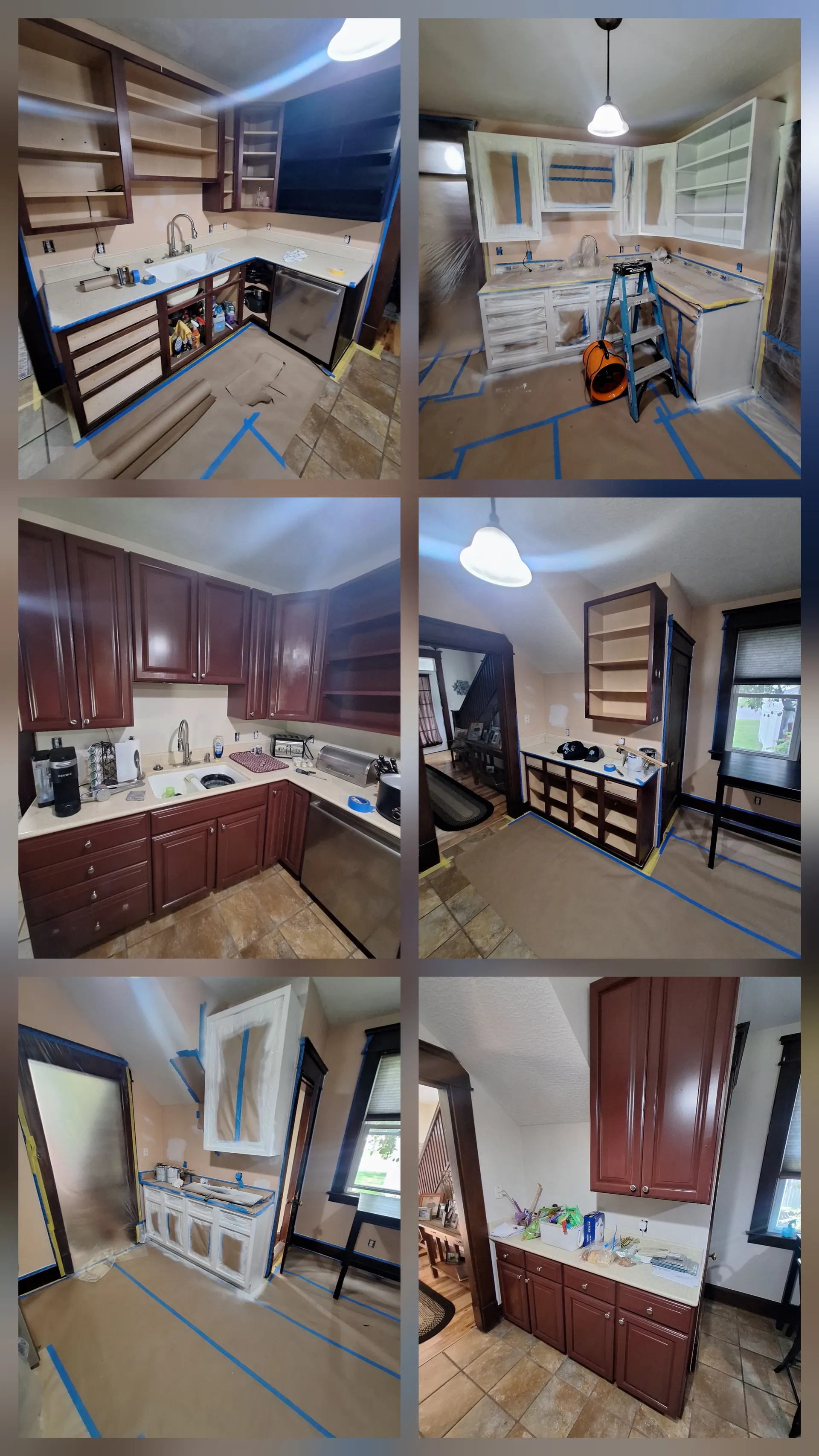 Kitchen cabinet refinishing project collage — taped-off cabinets and prepped surfaces ready for paint