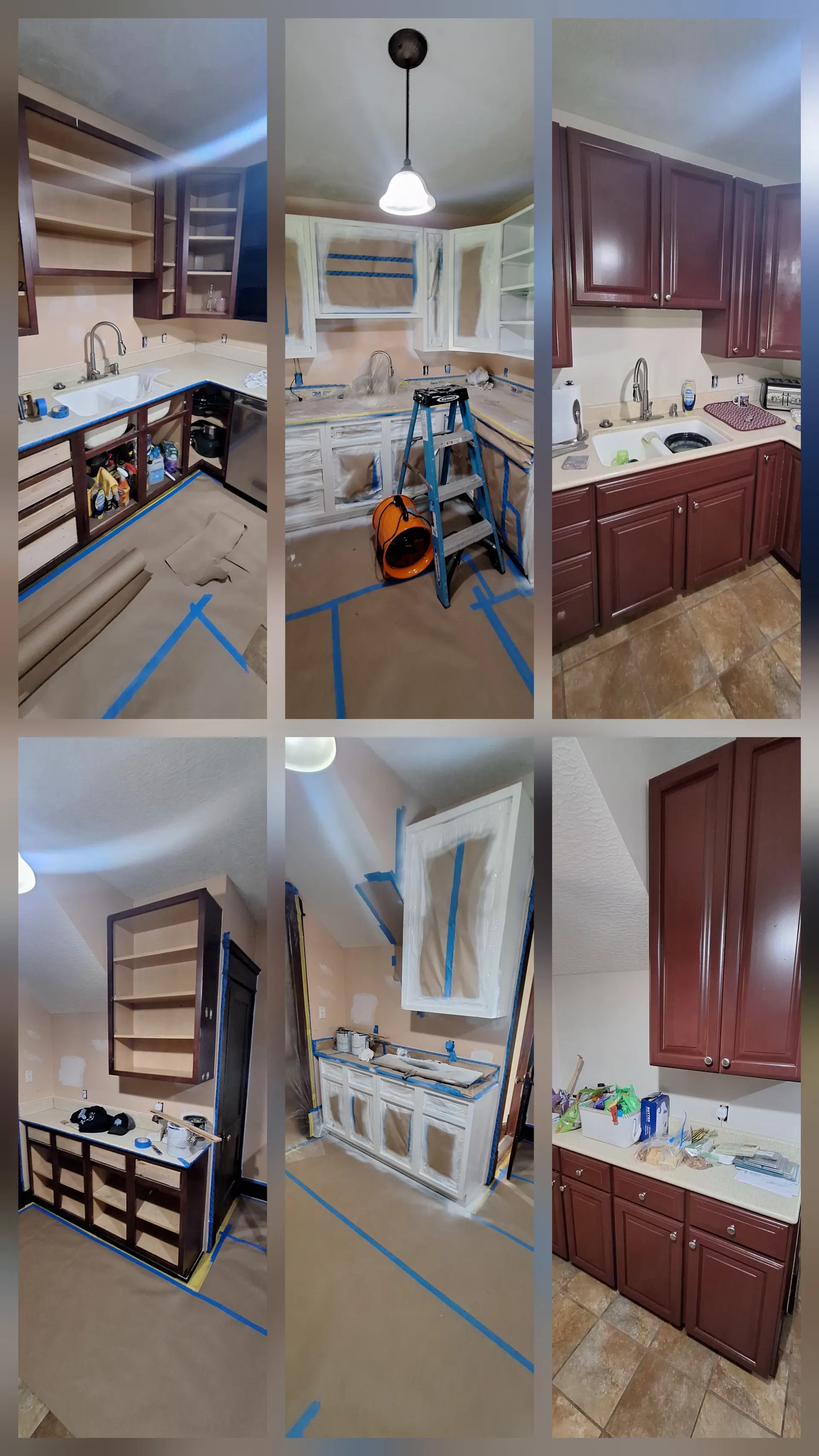 Kitchen cabinet refinishing project collage — primed cabinet boxes and finished dark stained cabinetry