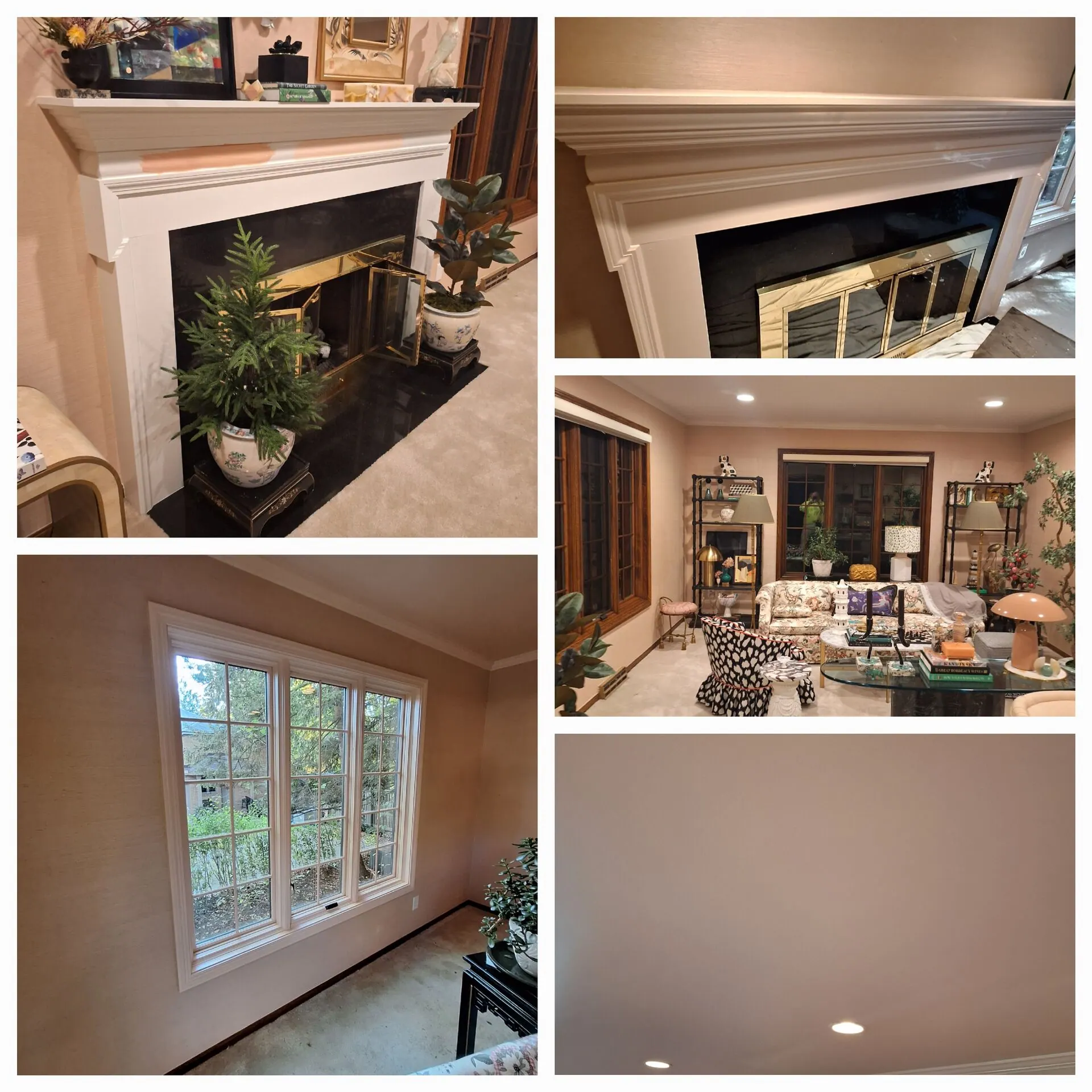 Living room and fireplace mantel repaint collage in warm blush