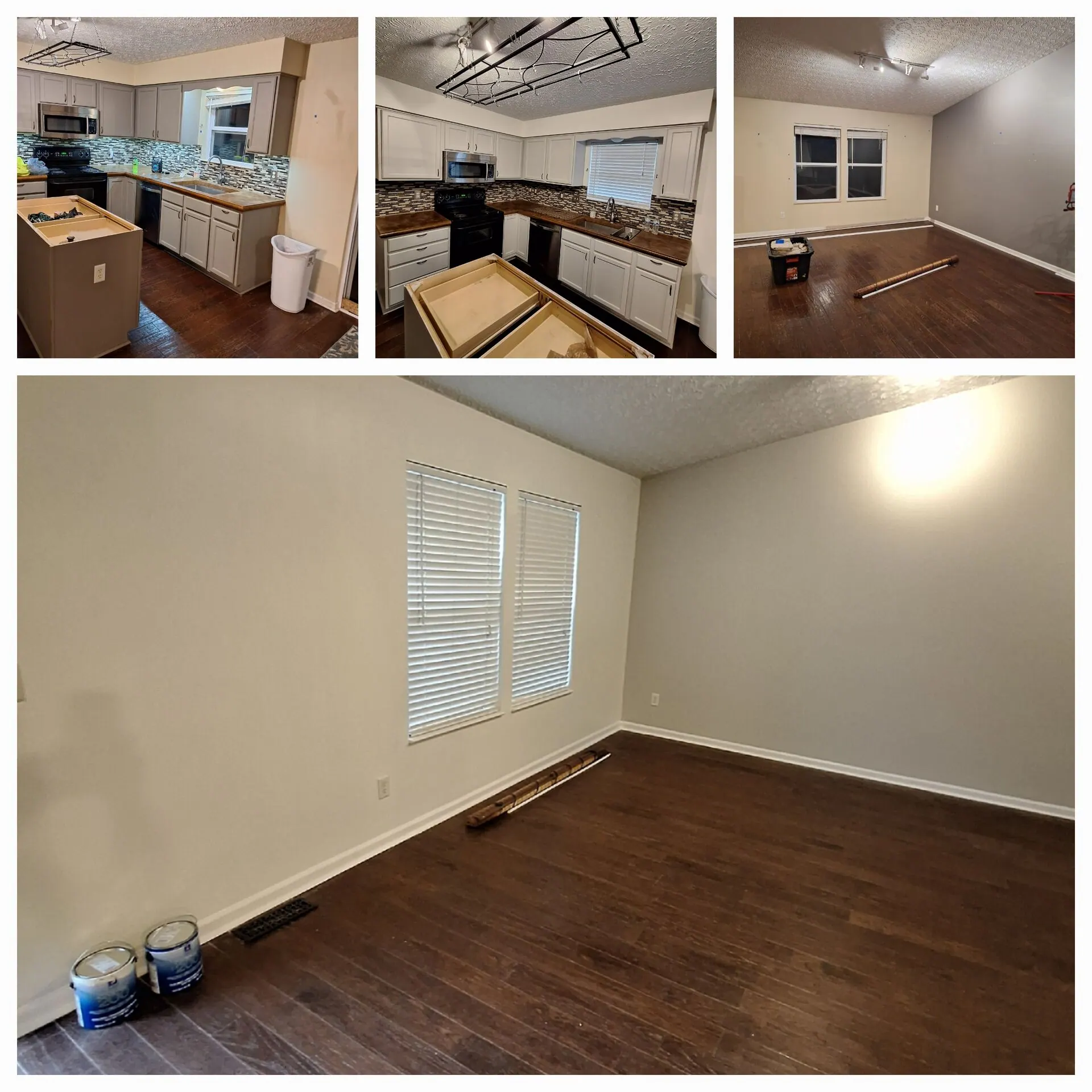 Kitchen and living room repaint collage in soft neutral