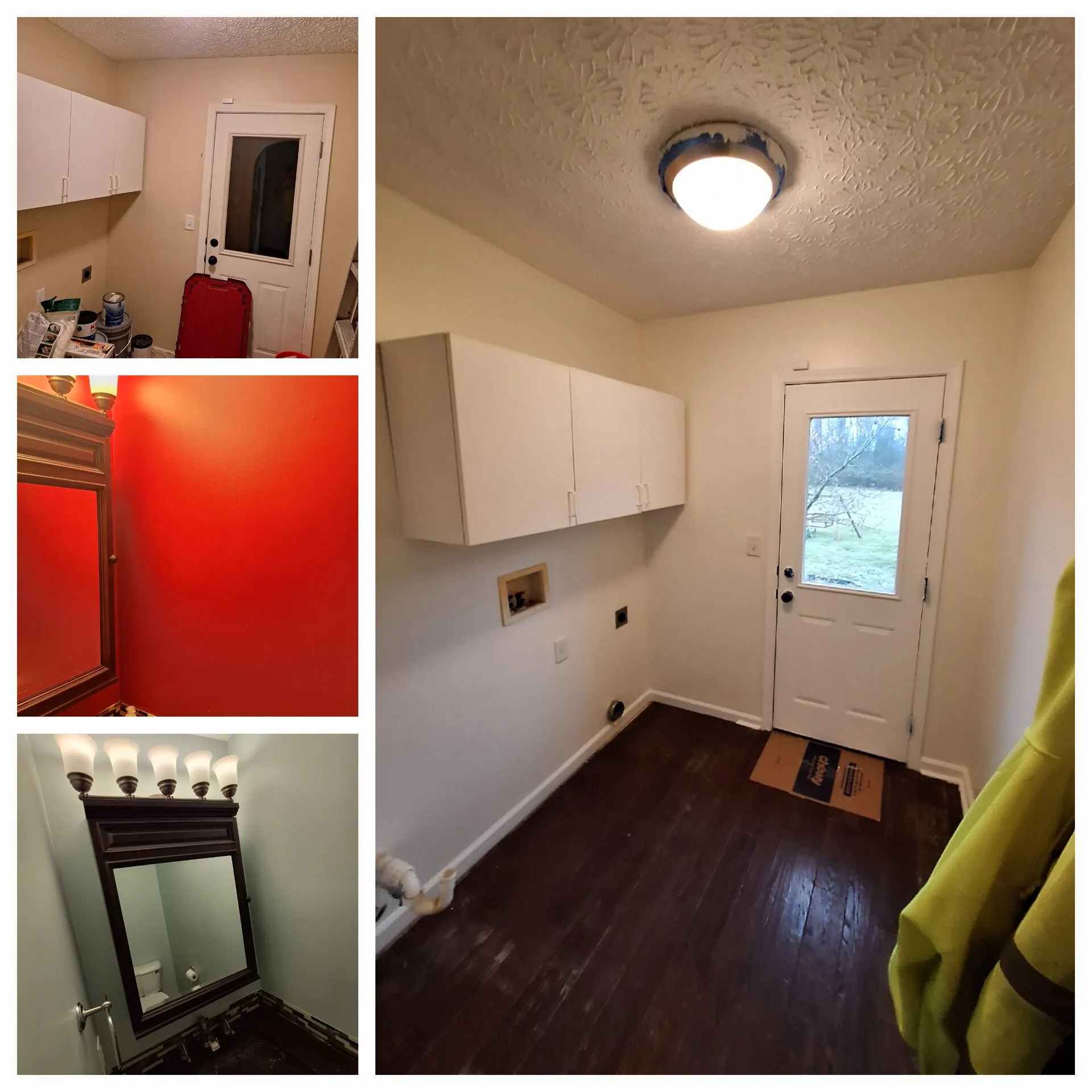 Laundry room and powder room repaint collage with a bold red wall