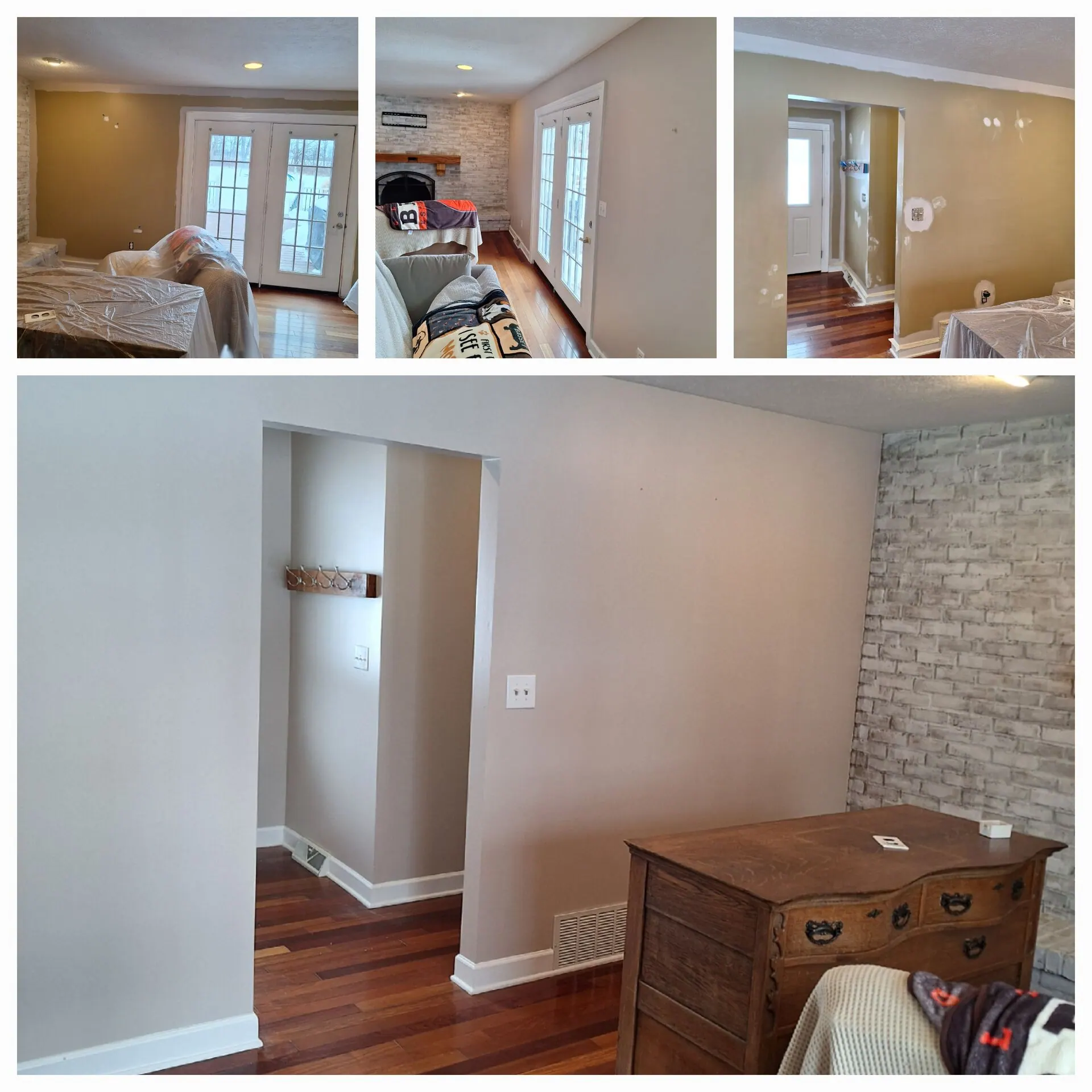 Open living area repainted warm neutral beside a brick accent wall