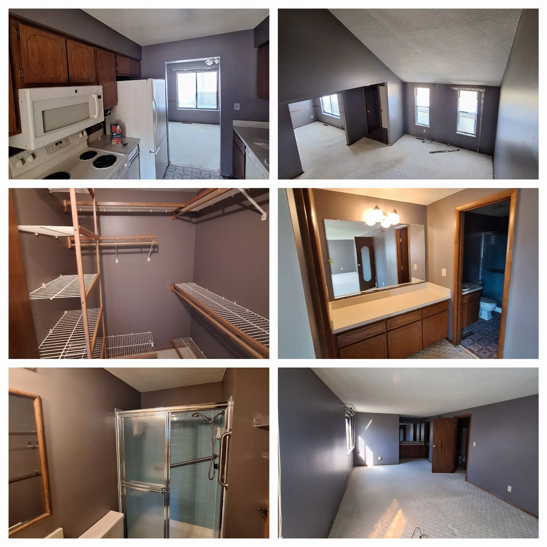 Whole-house repaint collage with kitchen, closet, bathroom and bedroom in taupe