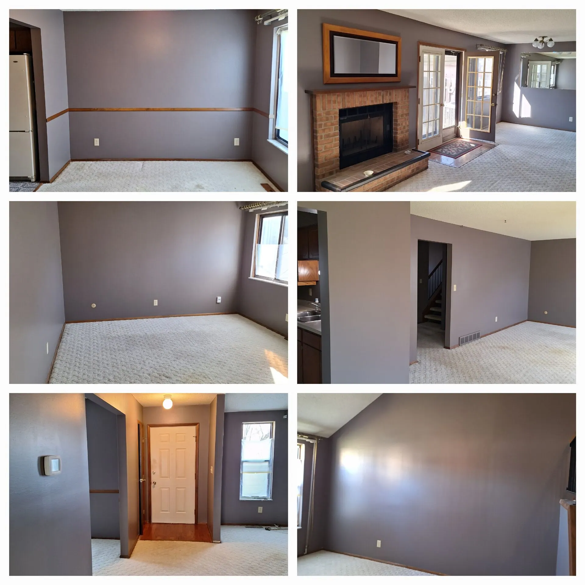 Living room and fireplace repaint collage with taupe walls and chair rail