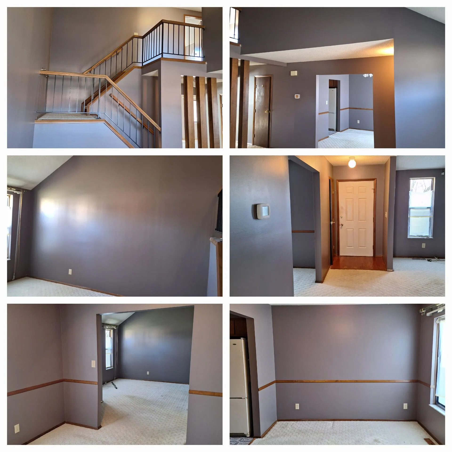 Stairs, entry and living rooms repainted taupe with wood trim