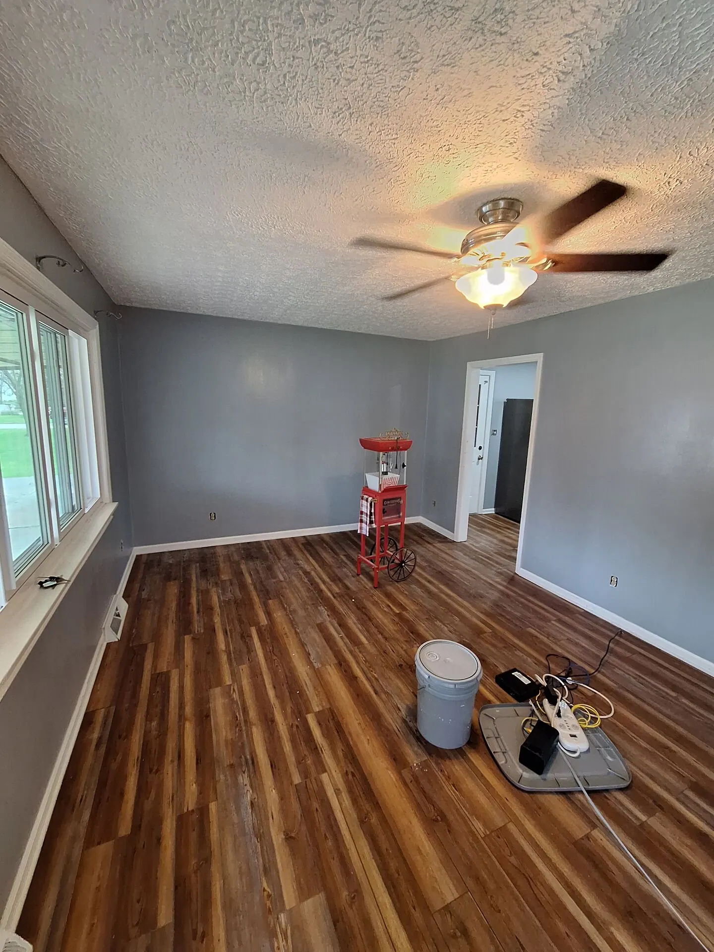 Bedroom painted cool gray with white trim