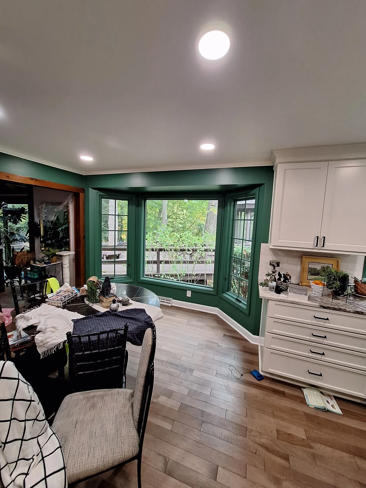 Breakfast area bay window trim painted emerald green