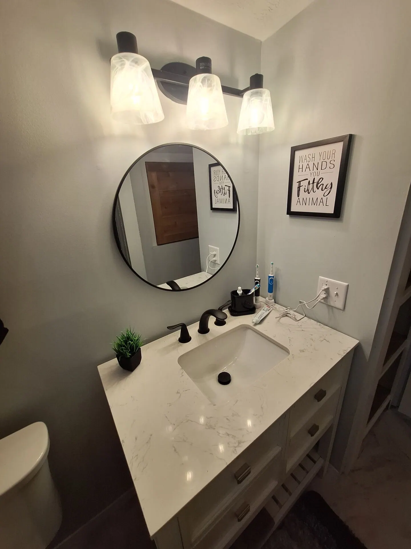 Bathroom vanity wall painted soft gray