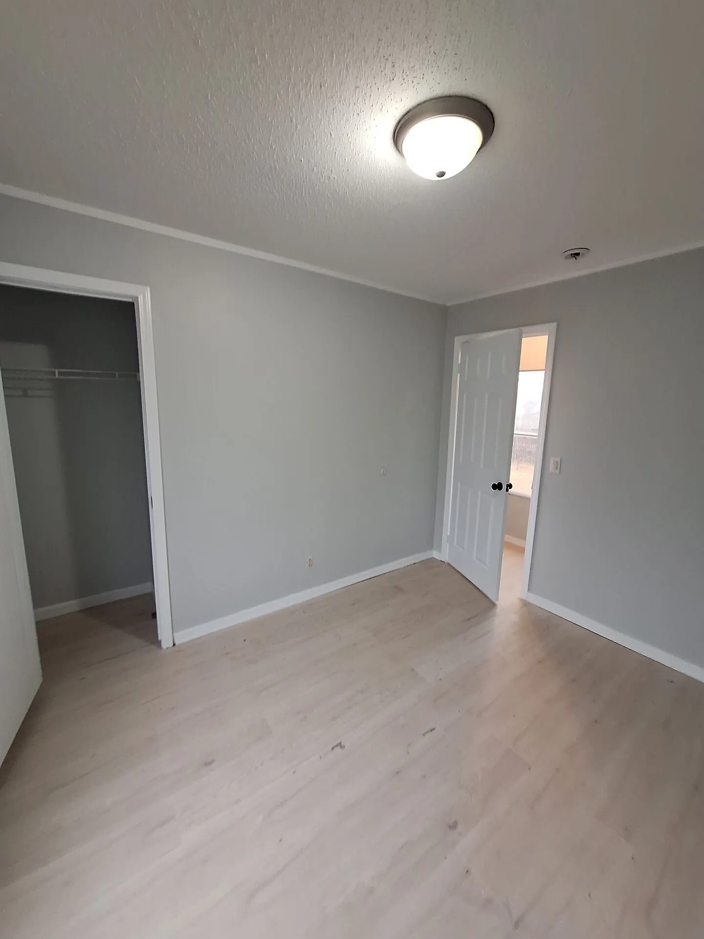 Bedroom painted cool gray with white closet and doors