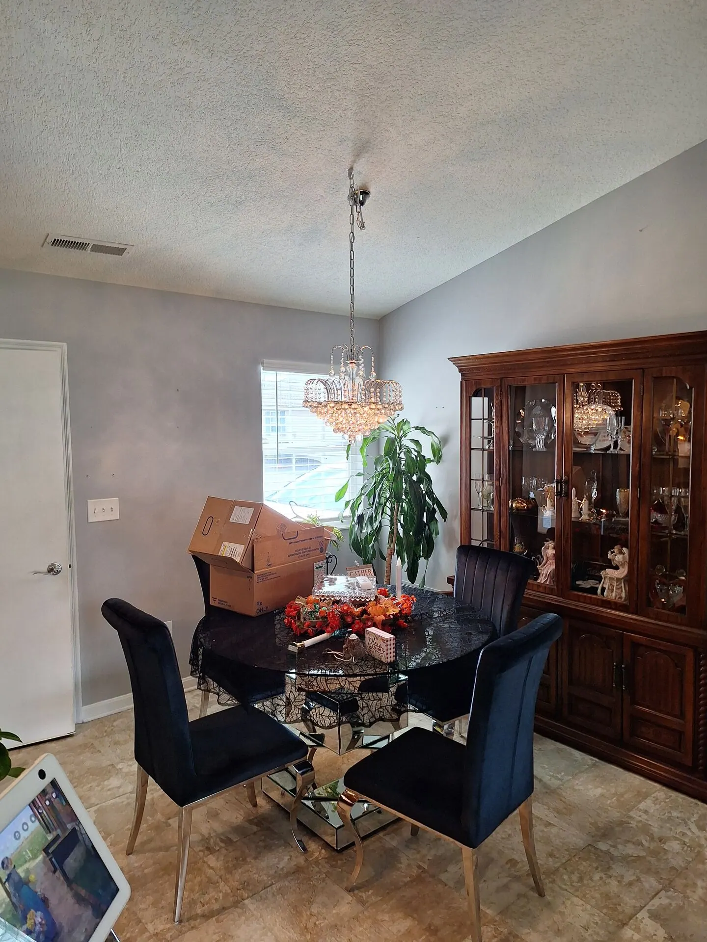 Dining room painted soft gray