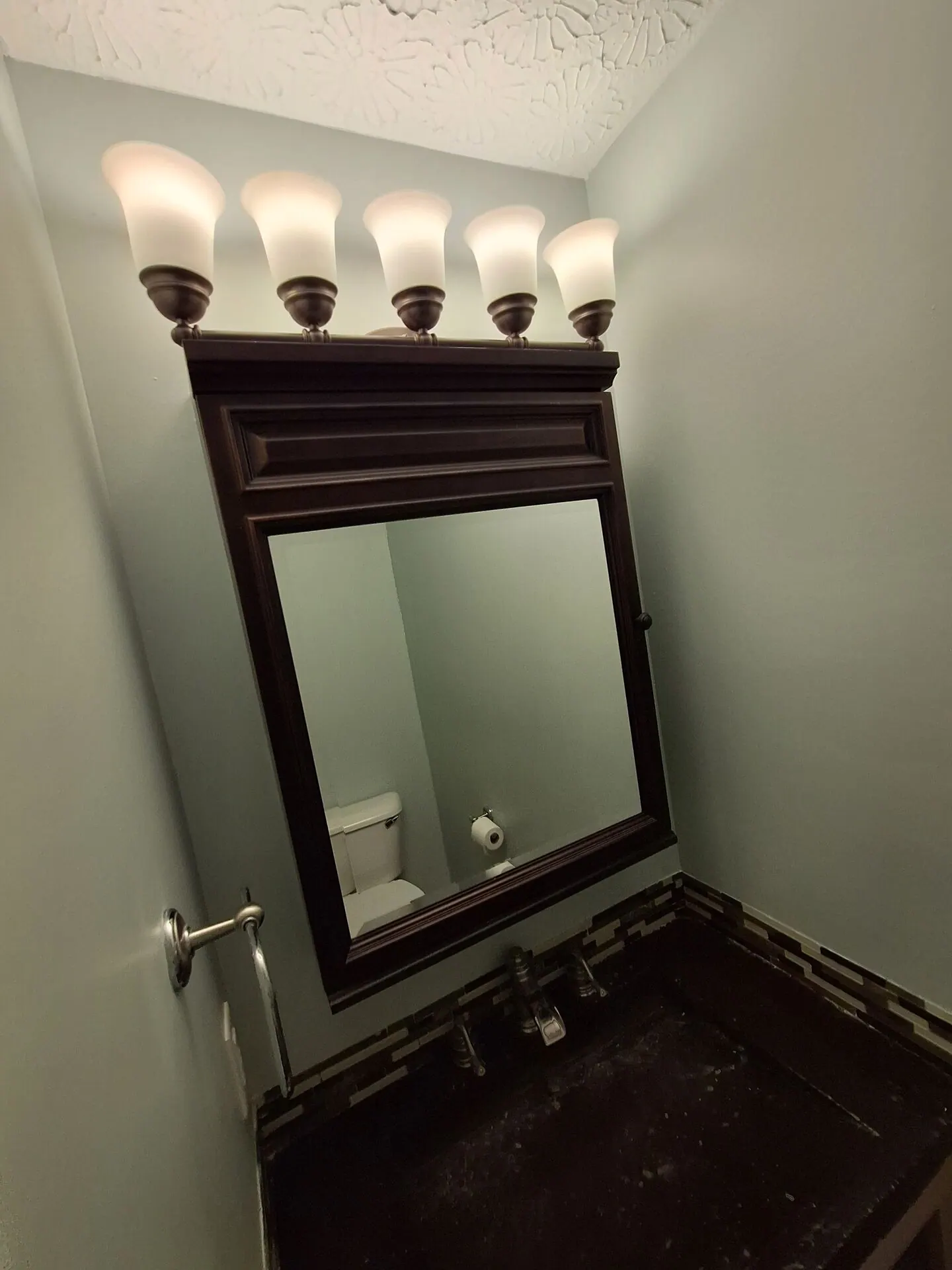 Powder room painted soft green with dark vanity mirror