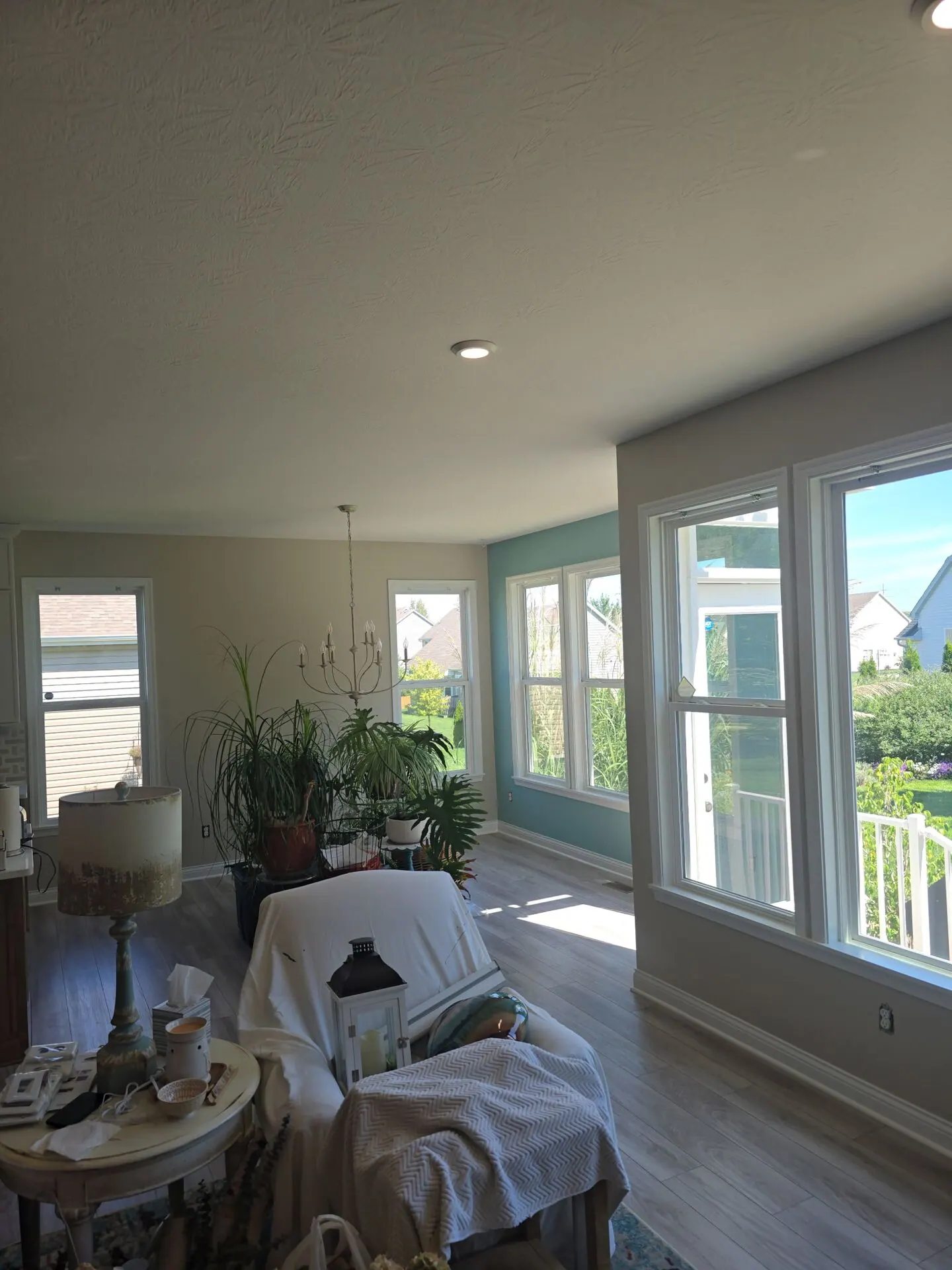 Sunroom with fresh greige walls and white window trim