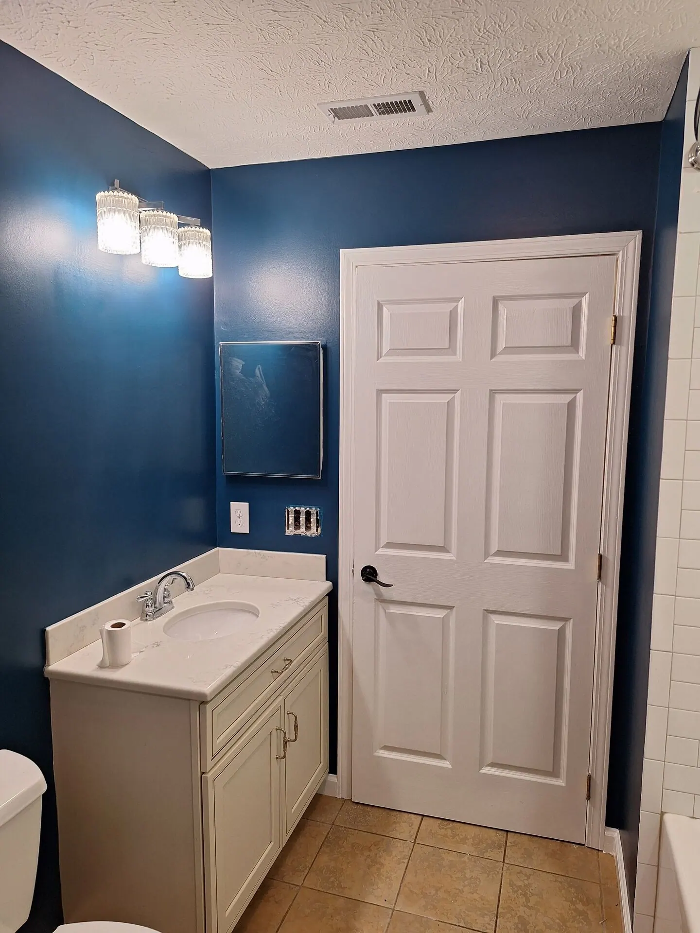 Bathroom painted navy blue with white six-panel door