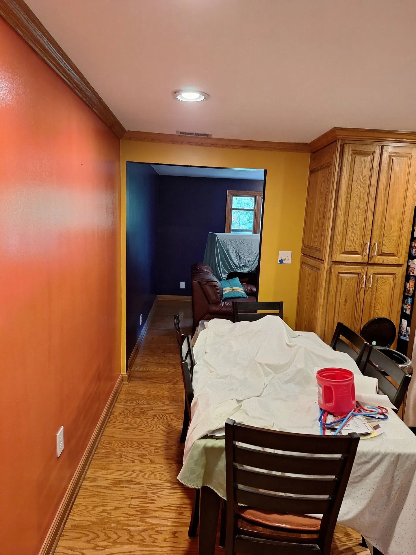 Bold orange and golden yellow walls from dining room to living area