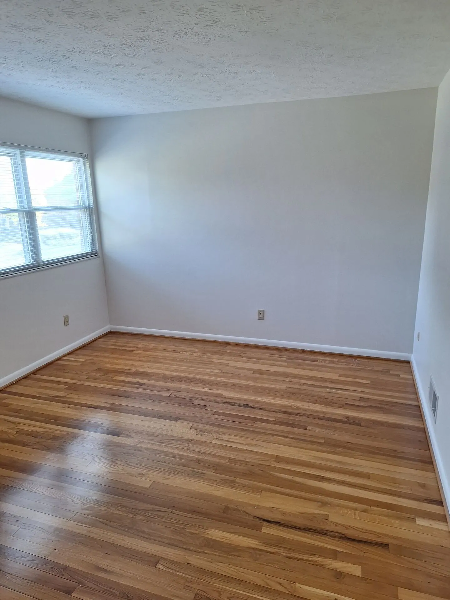 Empty bedroom freshly painted pale gray with white trim