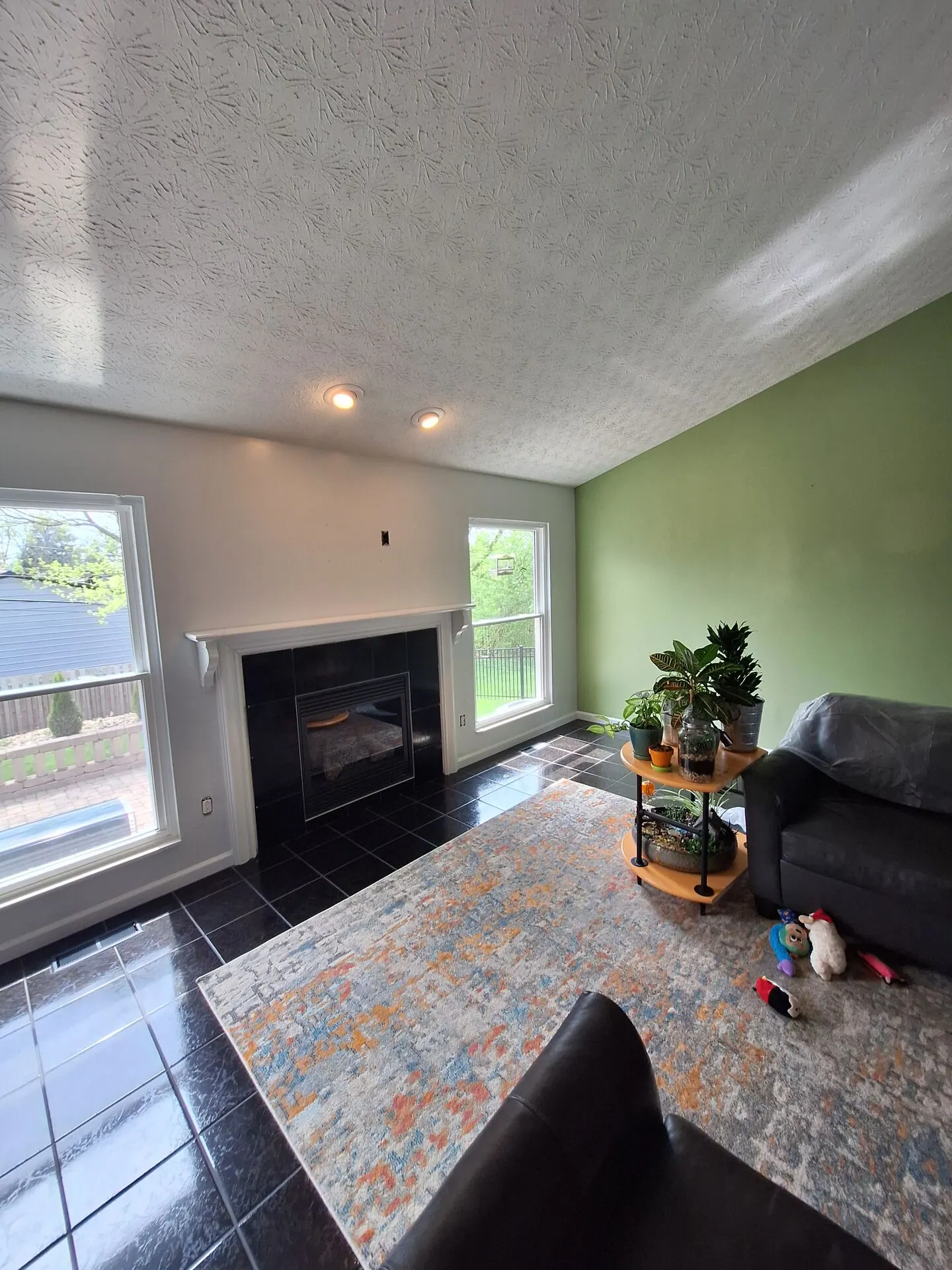 Living room with sage green accent wall and fireplace