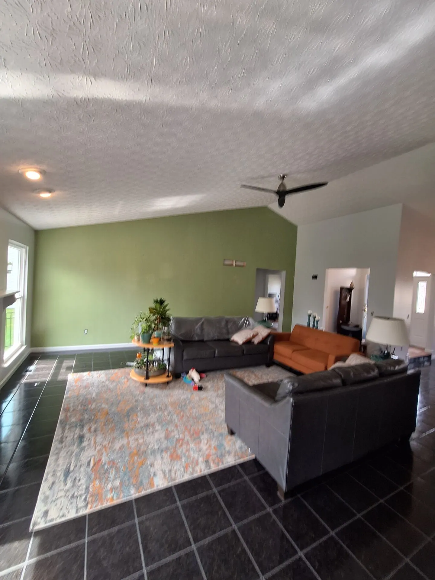 Vaulted living room with sage green accent wall