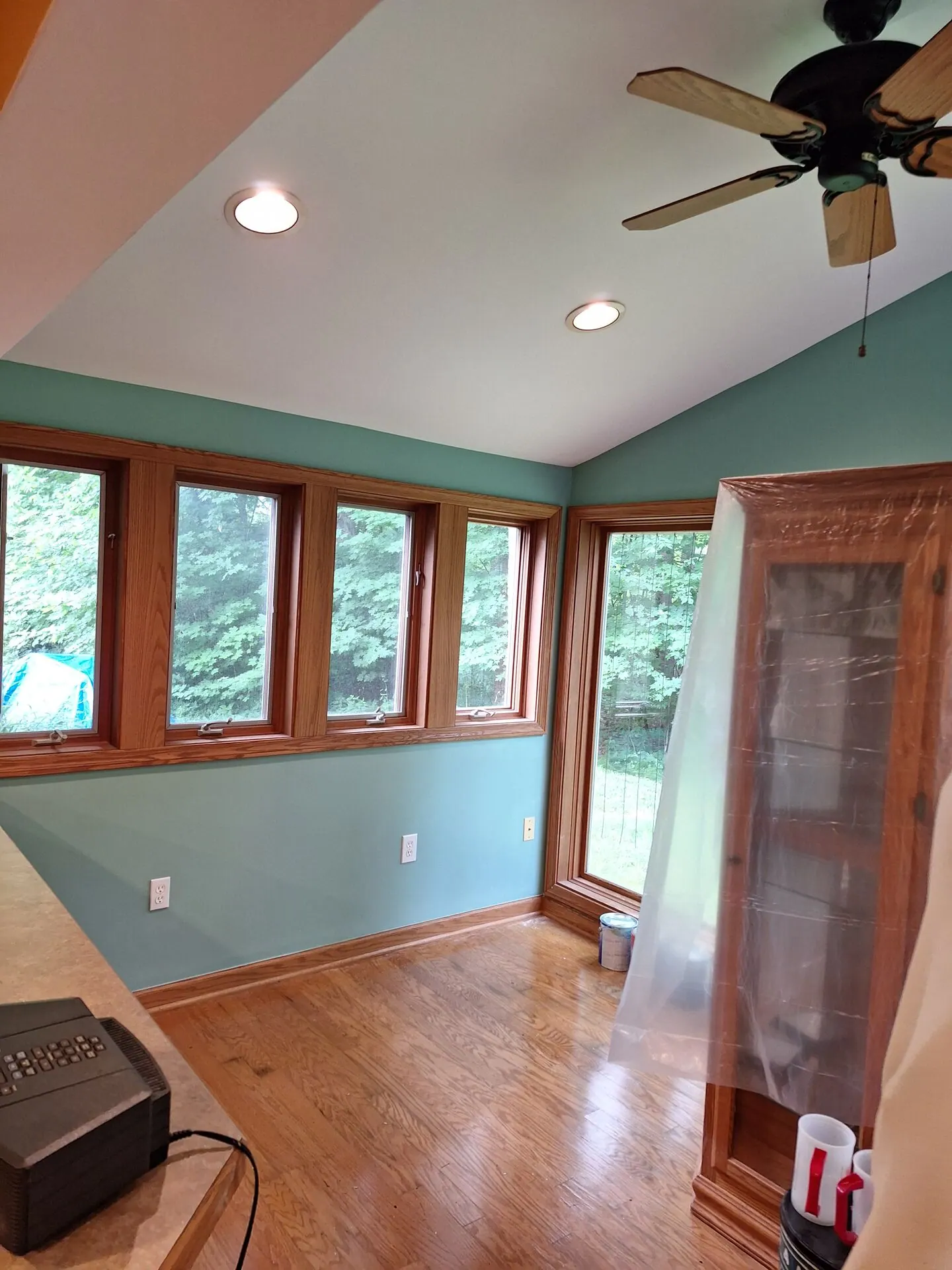 Sunroom painted sage green with vaulted white ceiling