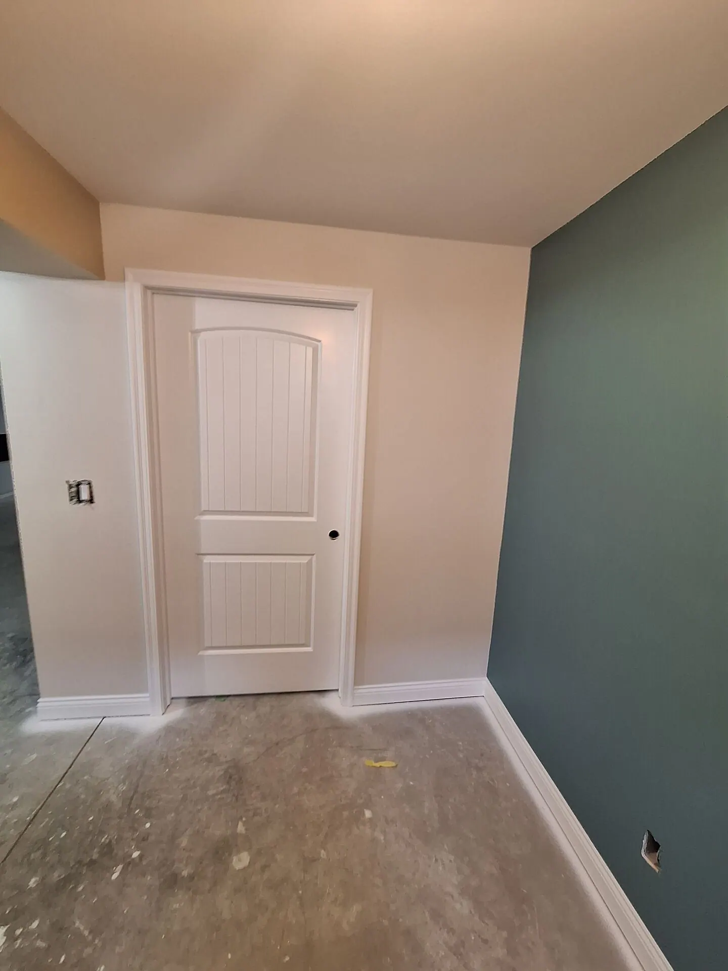 Deep teal accent wall beside a white door