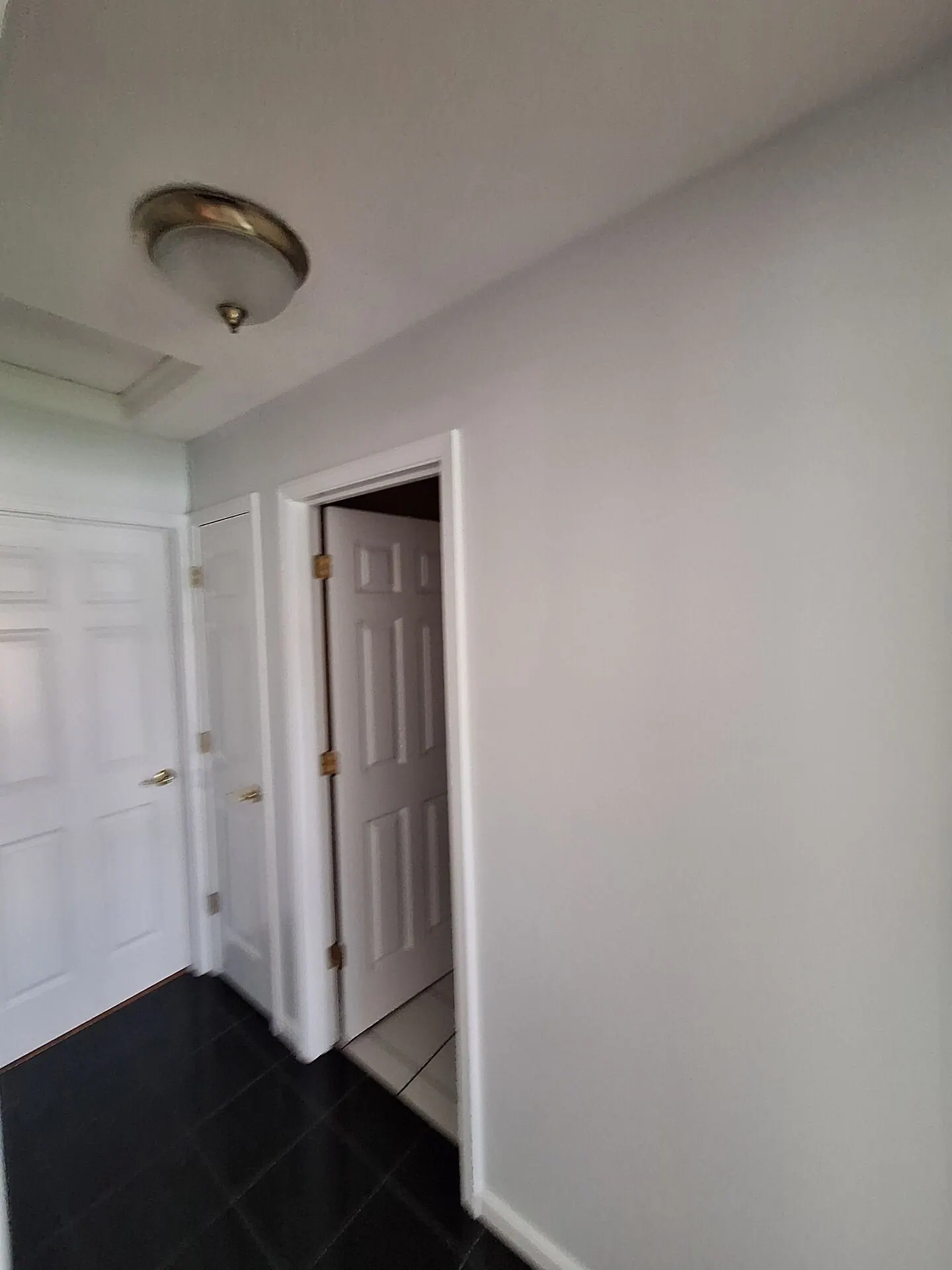 Hallway with crisp white walls and doors
