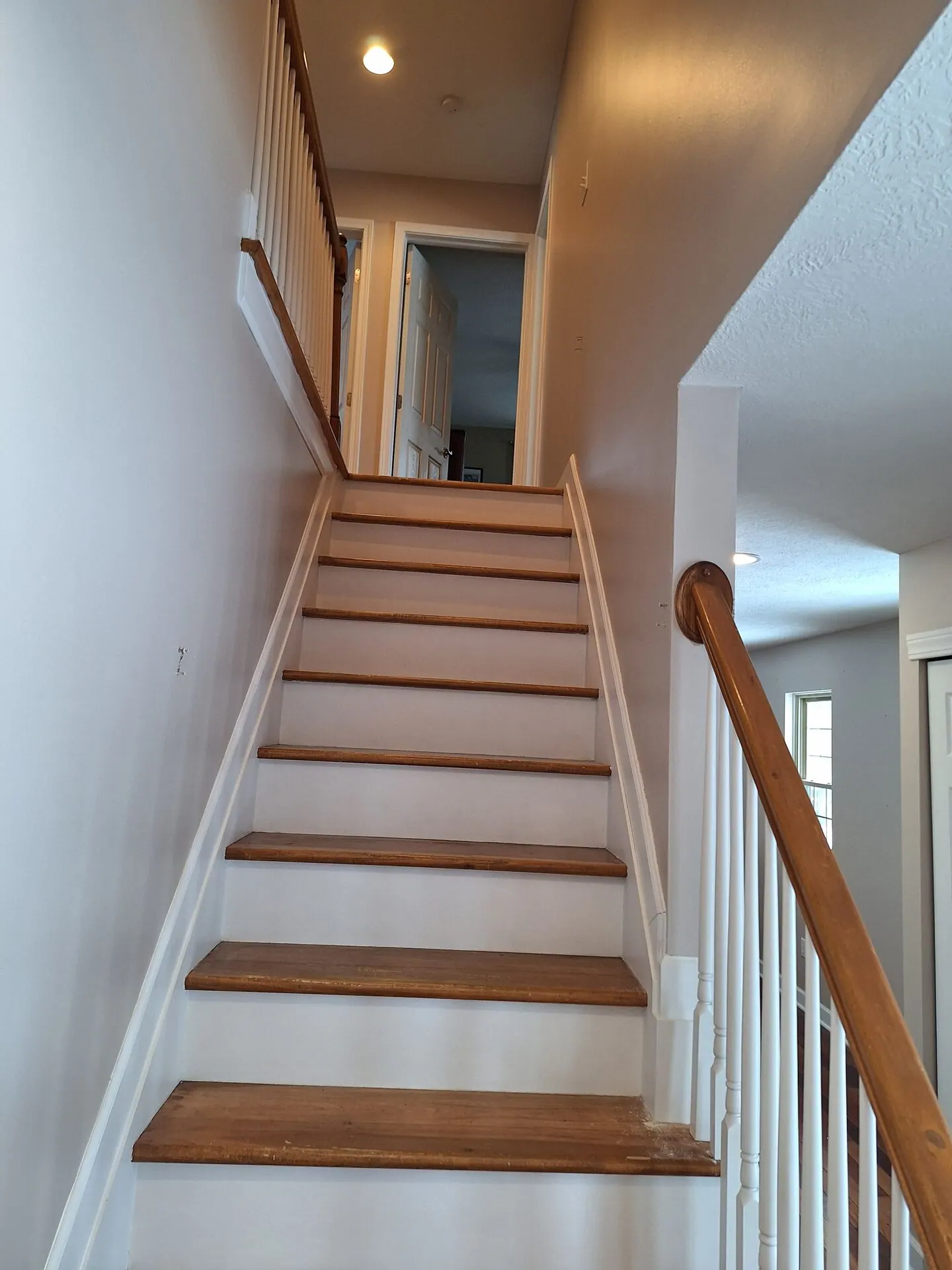 Staircase with freshly painted white walls and trim